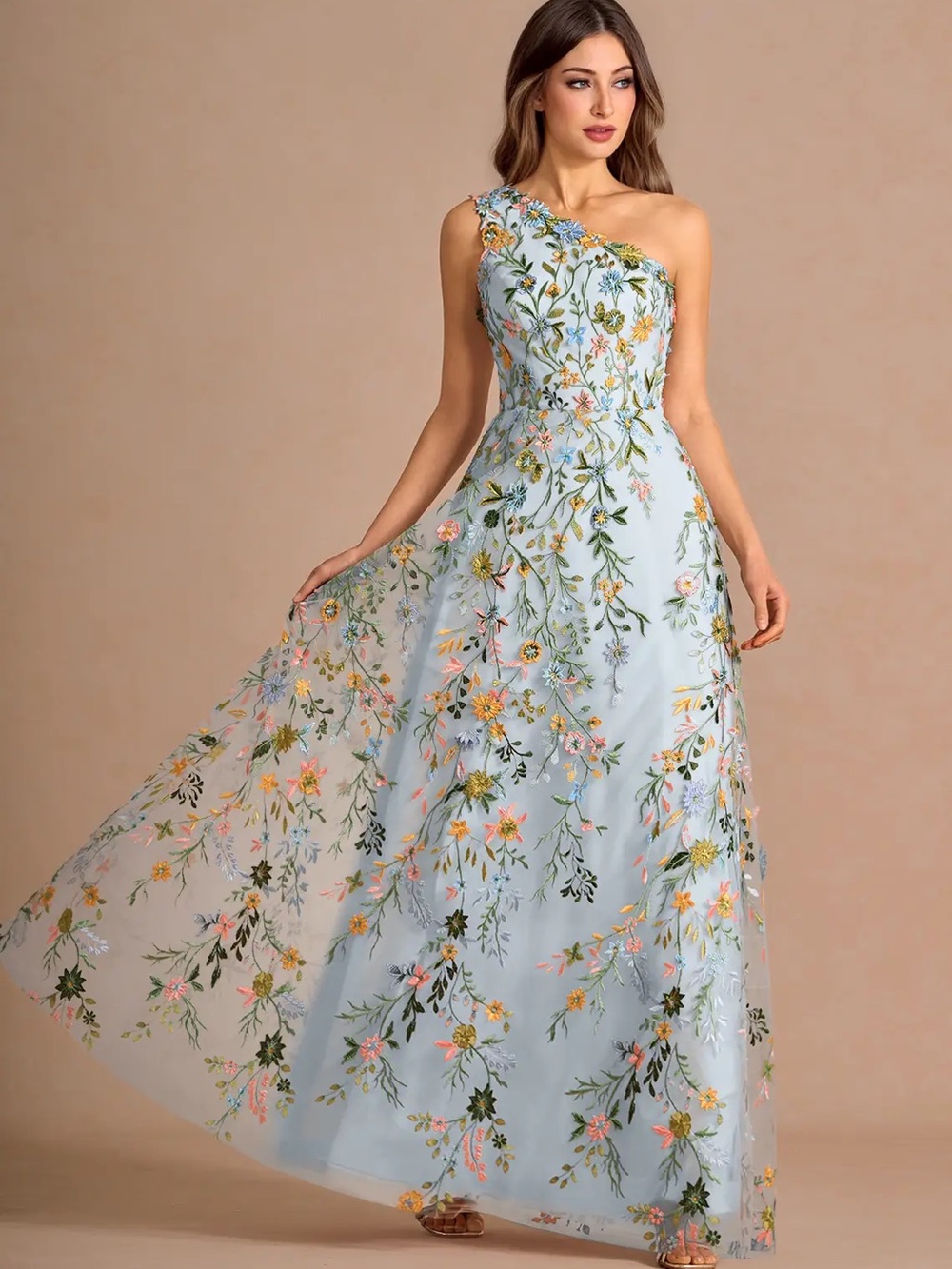 NWT- Azazie Light Blue One-Shoulder Floral Embroidered Gown